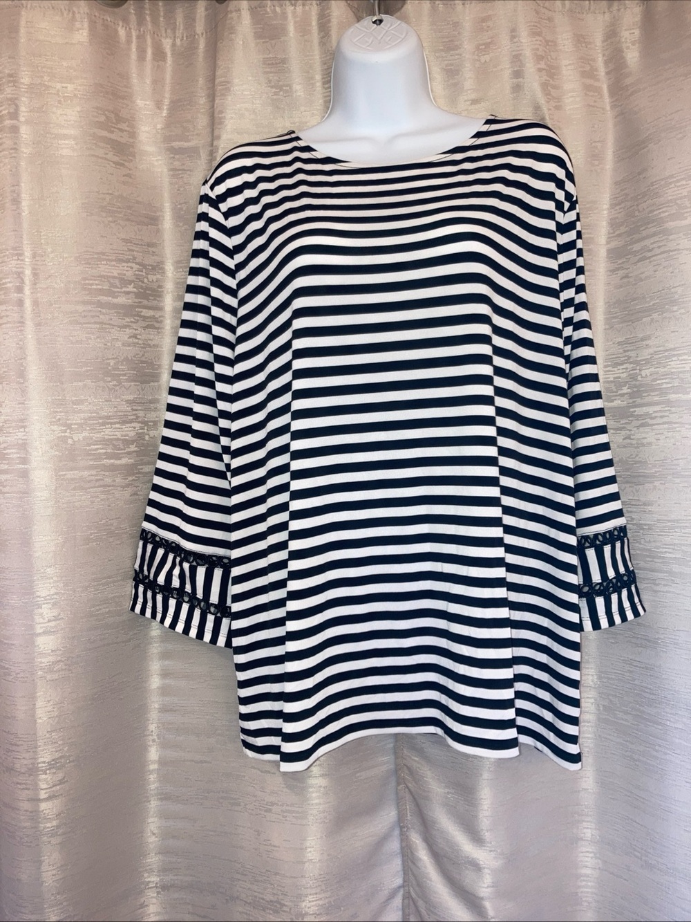 Chico's Black and White Striped Boatneck 3/4 length Sleeve Top size 3 NWT